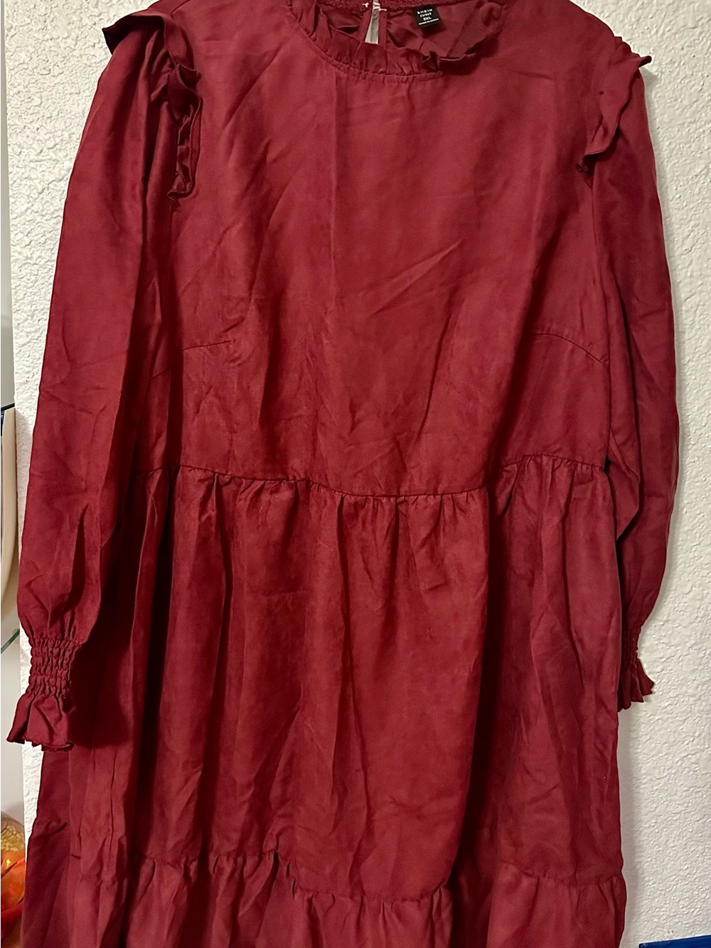 SHEIN Burgundy Ruffle Tiered Long Sleeve Dress